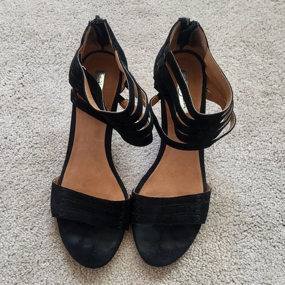 Black Suede Strappy Wedge Sandals - Picture 1 of 4